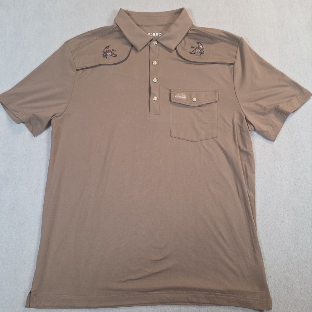 Burlebo Pearl Snap Performance Polo~Mallards~Khaki~Men's Size Large